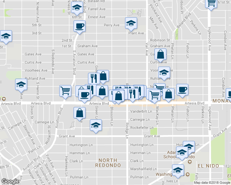 map of restaurants, bars, coffee shops, grocery stores, and more near 2105 Mathews Avenue in Redondo Beach