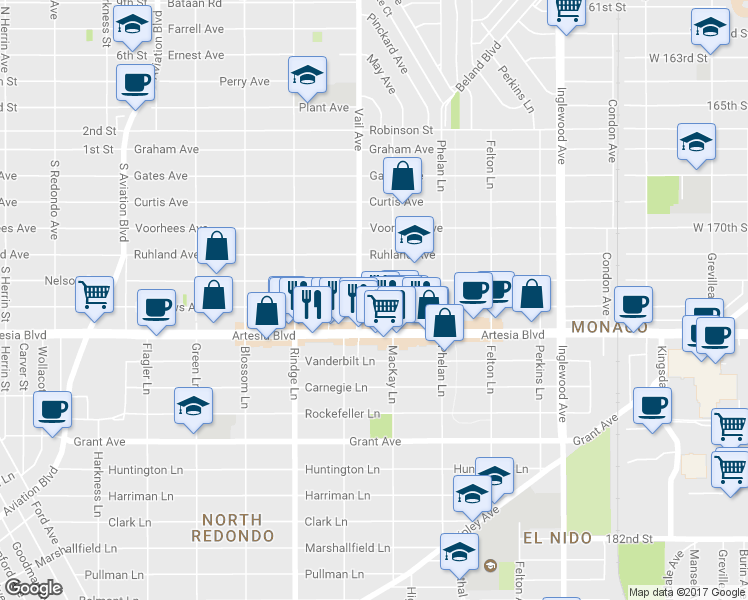 map of restaurants, bars, coffee shops, grocery stores, and more near in Redondo Beach