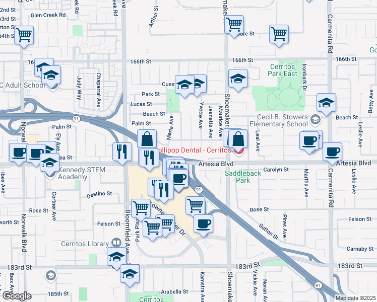 map of restaurants, bars, coffee shops, grocery stores, and more near 17325 De Groot Place in Cerritos