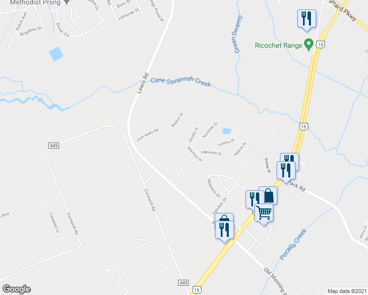 map of restaurants, bars, coffee shops, grocery stores, and more near 298 Aberlour Drive in Sumter