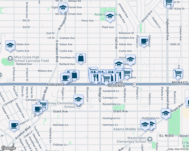 map of restaurants, bars, coffee shops, grocery stores, and more near 2113 Mathews Avenue in Redondo Beach