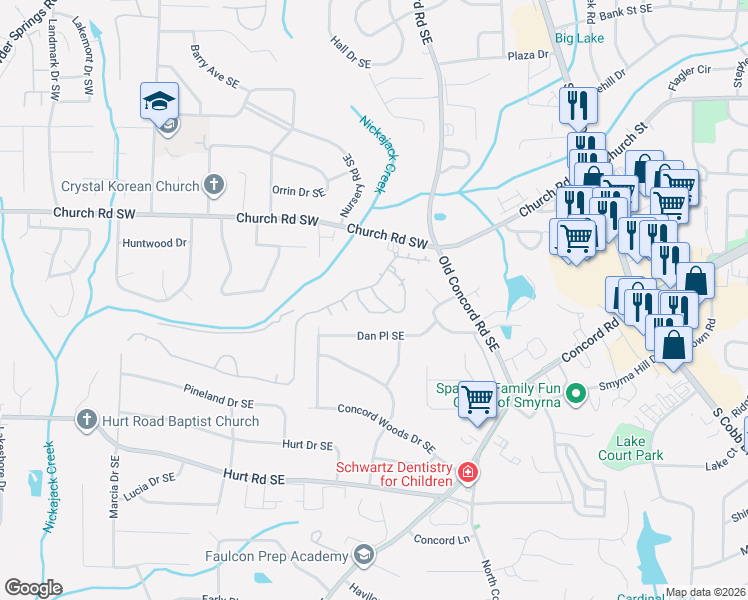 map of restaurants, bars, coffee shops, grocery stores, and more near 291 Trail Pointe Southeast in Smyrna