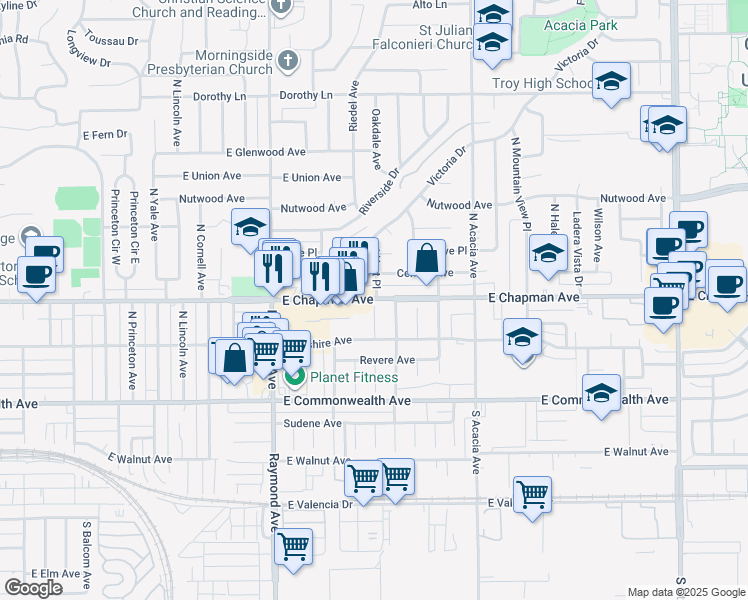 map of restaurants, bars, coffee shops, grocery stores, and more near in Fullerton