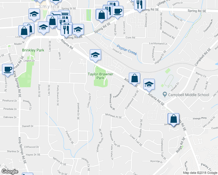 map of restaurants, bars, coffee shops, grocery stores, and more near 3220 Millwood Trail Southeast in Smyrna