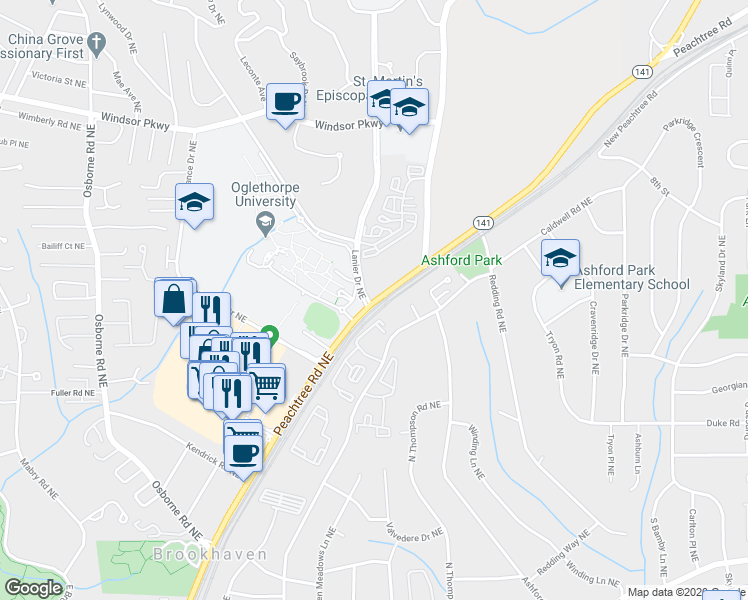 map of restaurants, bars, coffee shops, grocery stores, and more near 4500 Peachtree Rd NE in Atlanta