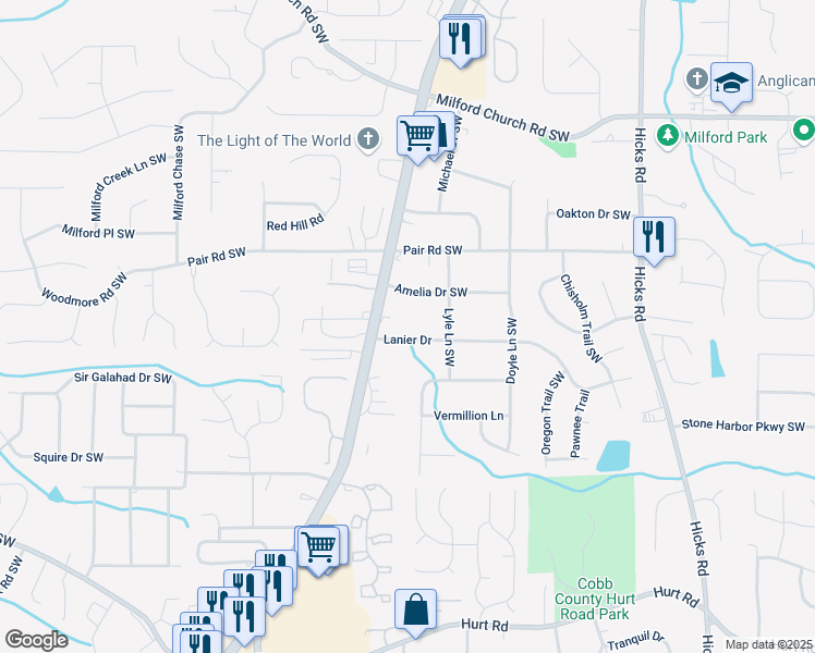 map of restaurants, bars, coffee shops, grocery stores, and more near 3247 Austell Road Southwest in Marietta