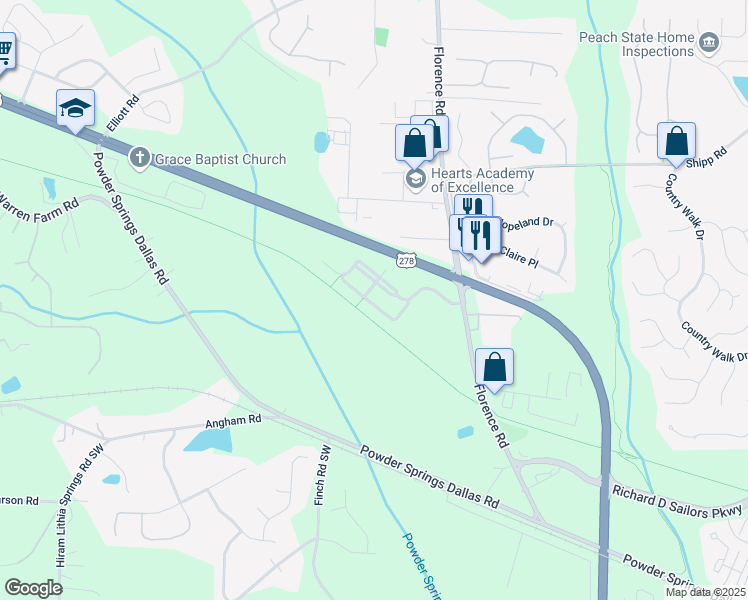 map of restaurants, bars, coffee shops, grocery stores, and more near 3364 Thornbridge Drive in Powder Springs