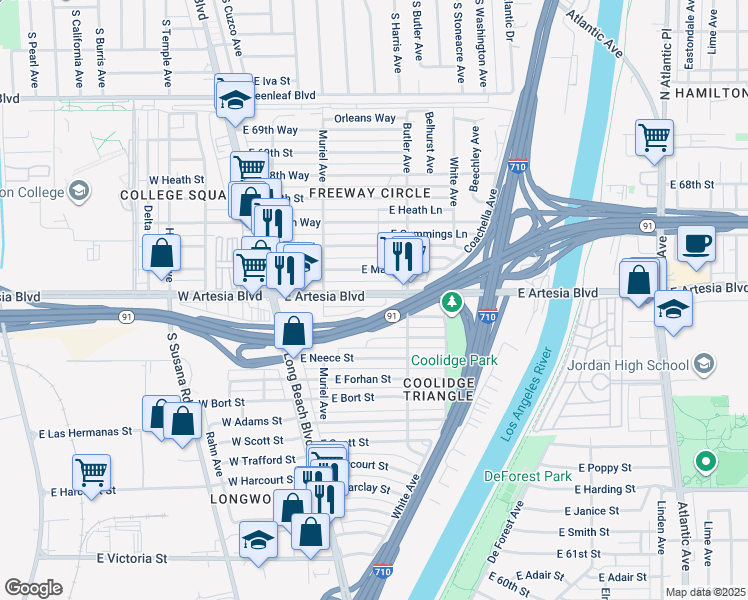 map of restaurants, bars, coffee shops, grocery stores, and more near 255 East Artesia Boulevard in Long Beach