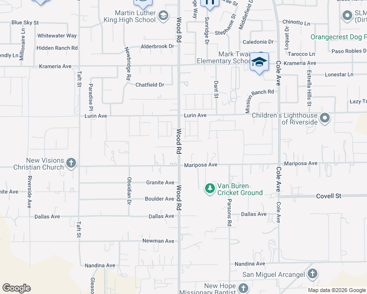 map of restaurants, bars, coffee shops, grocery stores, and more near 16900 Wood Road in Riverside