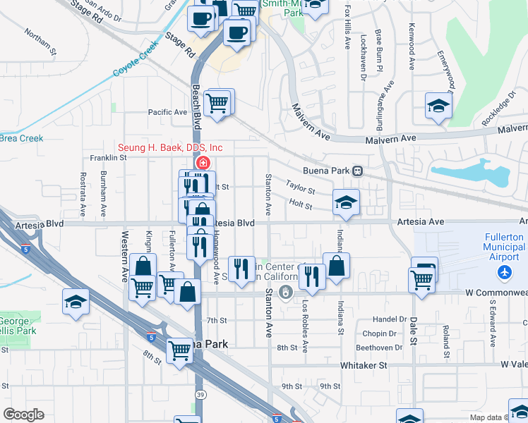 map of restaurants, bars, coffee shops, grocery stores, and more near 5941 Stanton Avenue in Buena Park