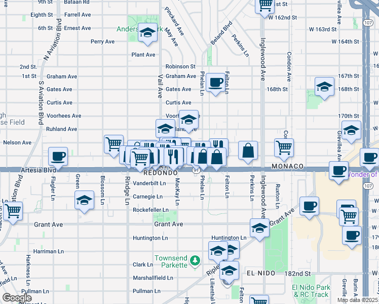 map of restaurants, bars, coffee shops, grocery stores, and more near 2411 Mathews Avenue in Redondo Beach