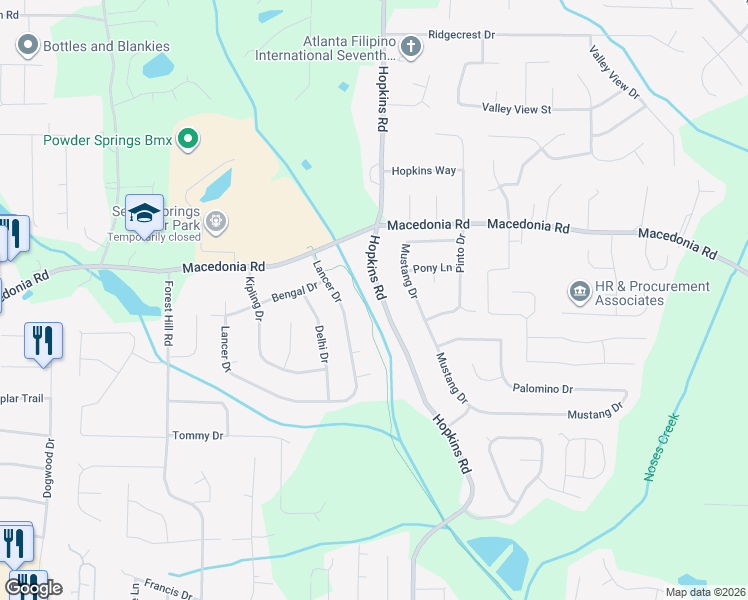 map of restaurants, bars, coffee shops, grocery stores, and more near 3294 Hopkins Road in Powder Springs