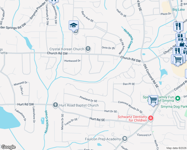 map of restaurants, bars, coffee shops, grocery stores, and more near 3306 Woodview Drive Southeast in Smyrna