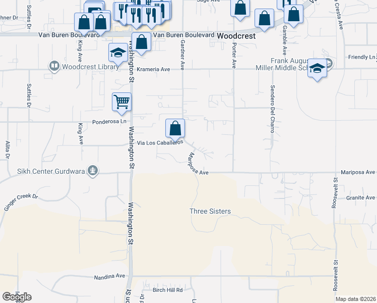 map of restaurants, bars, coffee shops, grocery stores, and more near 17265 Gardner Avenue in Riverside