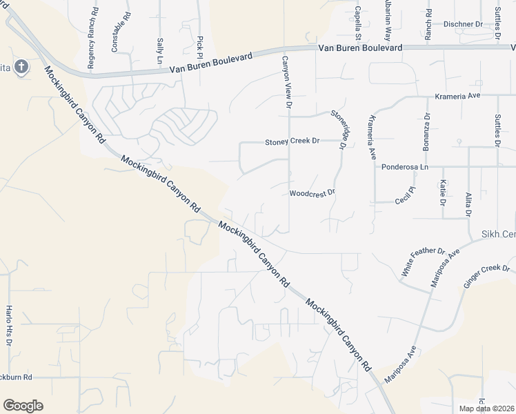 map of restaurants, bars, coffee shops, grocery stores, and more near 16972 Mockingbird Canyon Road in Riverside