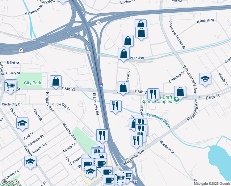 map of restaurants, bars, coffee shops, grocery stores, and more near in Corona