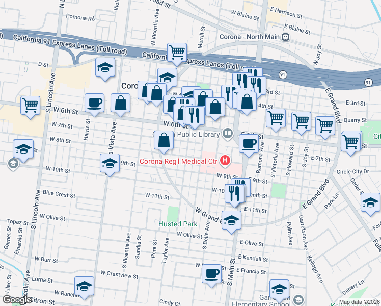 map of restaurants, bars, coffee shops, grocery stores, and more near 424 West 7th Street in Corona