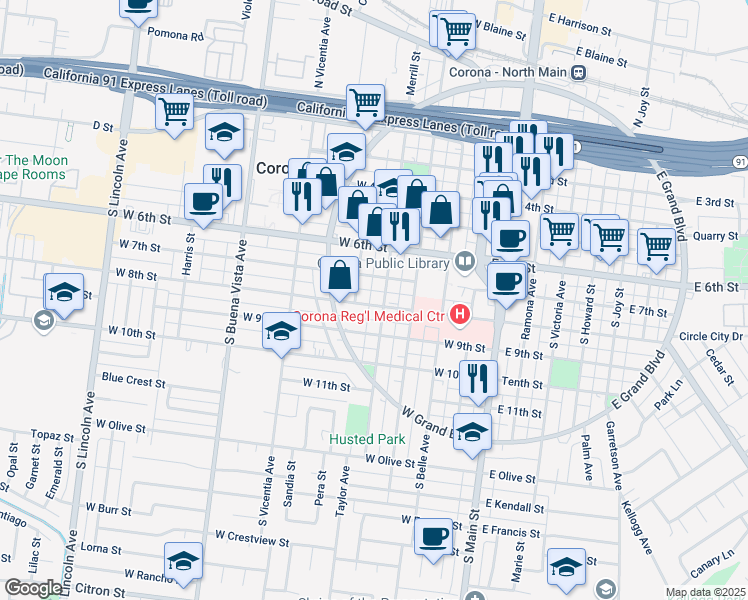 map of restaurants, bars, coffee shops, grocery stores, and more near 424 West 7th Street in Corona