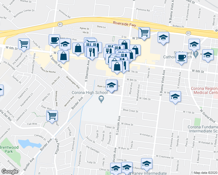 map of restaurants, bars, coffee shops, grocery stores, and more near 910 South Grant Avenue in Corona