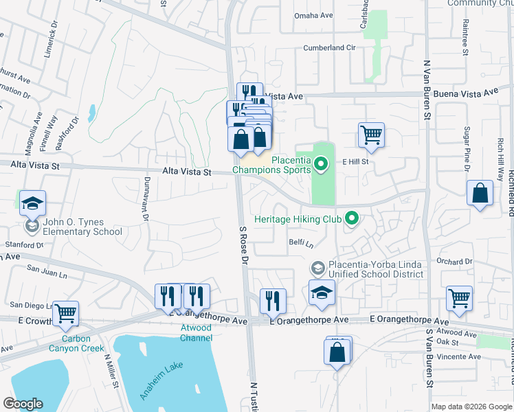 map of restaurants, bars, coffee shops, grocery stores, and more near 1273 Providence Loop in Placentia