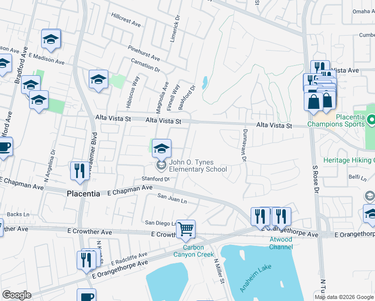 map of restaurants, bars, coffee shops, grocery stores, and more near 313 North Downey Lane in Placentia