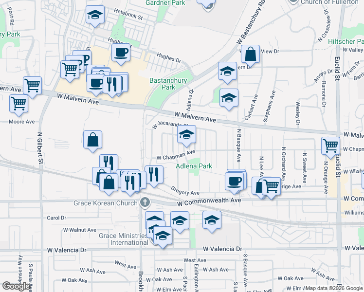 map of restaurants, bars, coffee shops, grocery stores, and more near 420 Adlena Drive in Fullerton