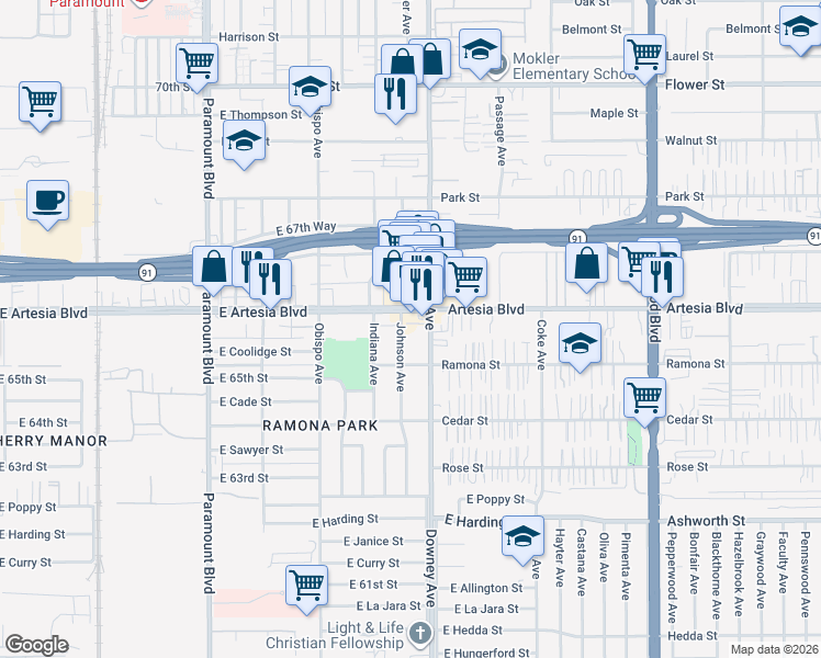 map of restaurants, bars, coffee shops, grocery stores, and more near in Long Beach