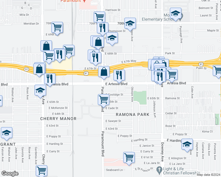 map of restaurants, bars, coffee shops, grocery stores, and more near 6580 Paramount Boulevard in Long Beach