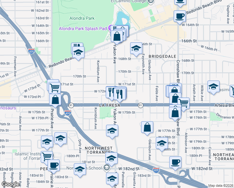 map of restaurants, bars, coffee shops, grocery stores, and more near 17124 Yukon Avenue in Torrance