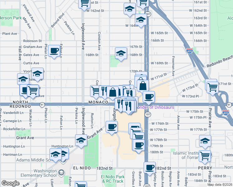 map of restaurants, bars, coffee shops, grocery stores, and more near 4534 West 172nd Street in Lawndale