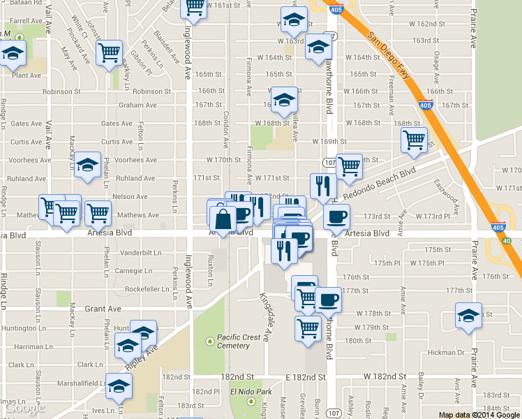 map of restaurants, bars, coffee shops, grocery stores, and more near 4580 West 172nd Street in Lawndale
