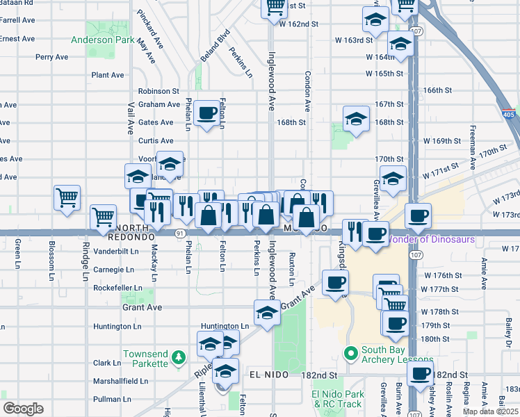 map of restaurants, bars, coffee shops, grocery stores, and more near 2106 Perkins Lane in Redondo Beach
