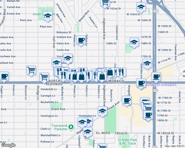 map of restaurants, bars, coffee shops, grocery stores, and more near 2608 Nelson Avenue in Redondo Beach