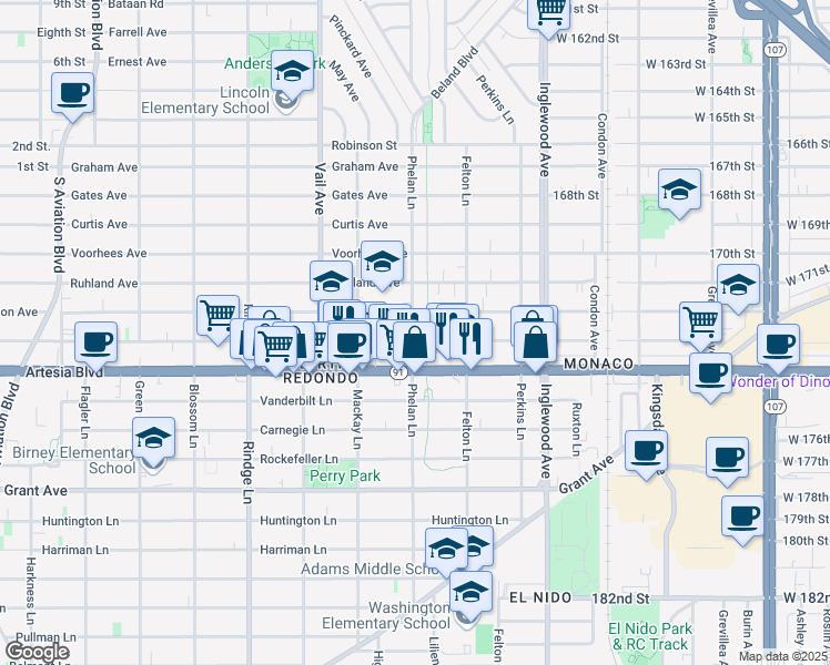 map of restaurants, bars, coffee shops, grocery stores, and more near 2422 Nelson Avenue in Redondo Beach