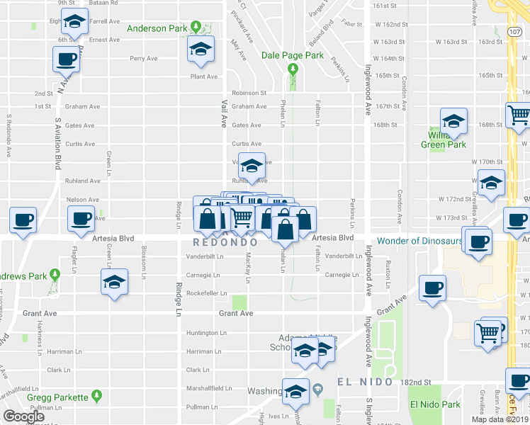 map of restaurants, bars, coffee shops, grocery stores, and more near 2404 Nelson Avenue in Redondo Beach