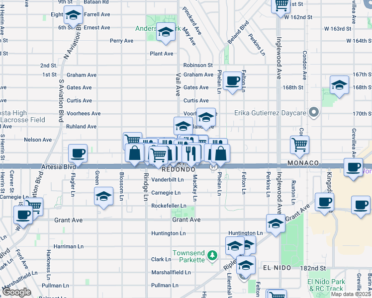 map of restaurants, bars, coffee shops, grocery stores, and more near 2108 Vail Avenue in Redondo Beach