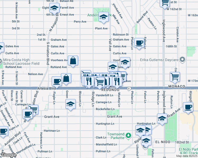map of restaurants, bars, coffee shops, grocery stores, and more near 2202 Nelson Avenue in Redondo Beach