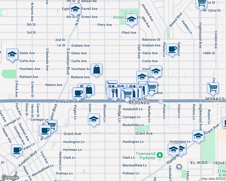 map of restaurants, bars, coffee shops, grocery stores, and more near 2108 Nelson Avenue in Redondo Beach