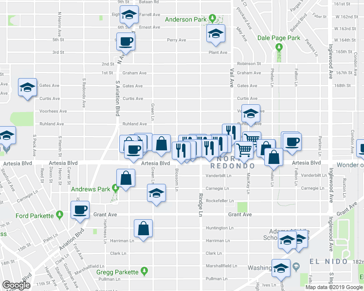 map of restaurants, bars, coffee shops, grocery stores, and more near 2108 Nelson Avenue in Redondo Beach