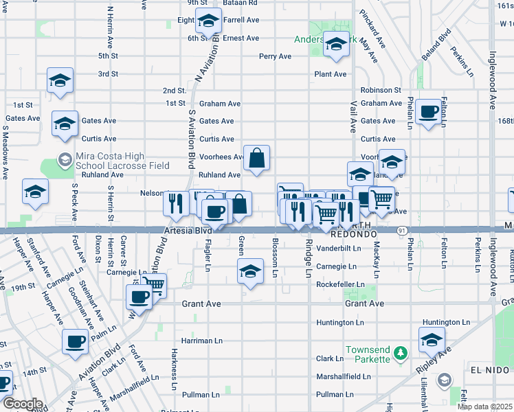 map of restaurants, bars, coffee shops, grocery stores, and more near 2016 Nelson Avenue in Redondo Beach