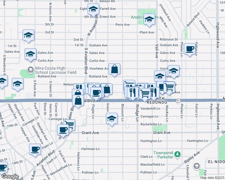 map of restaurants, bars, coffee shops, grocery stores, and more near 1934 Nelson Avenue in Redondo Beach