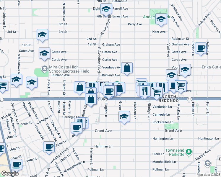 map of restaurants, bars, coffee shops, grocery stores, and more near 1916 Nelson Avenue in Redondo Beach