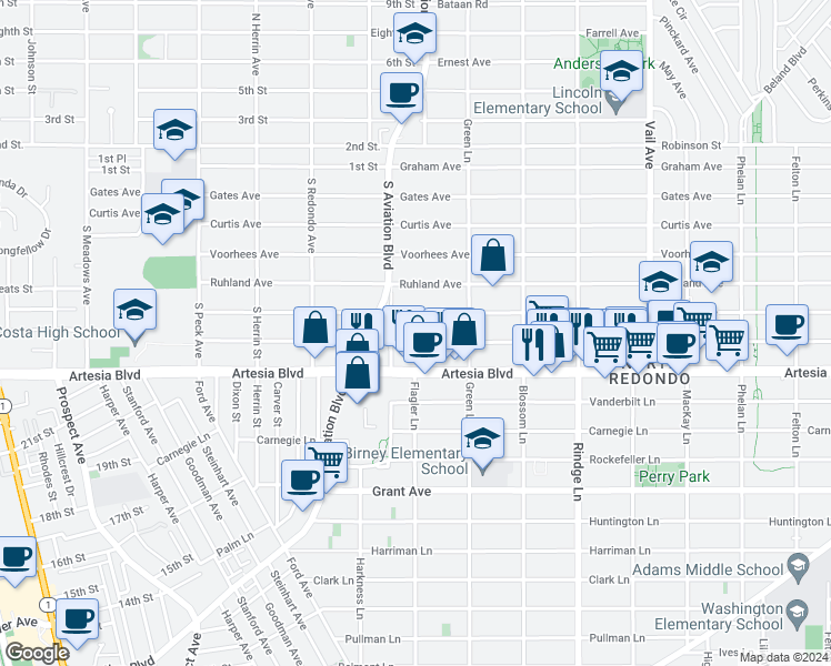 map of restaurants, bars, coffee shops, grocery stores, and more near 1916 Nelson Avenue in Redondo Beach