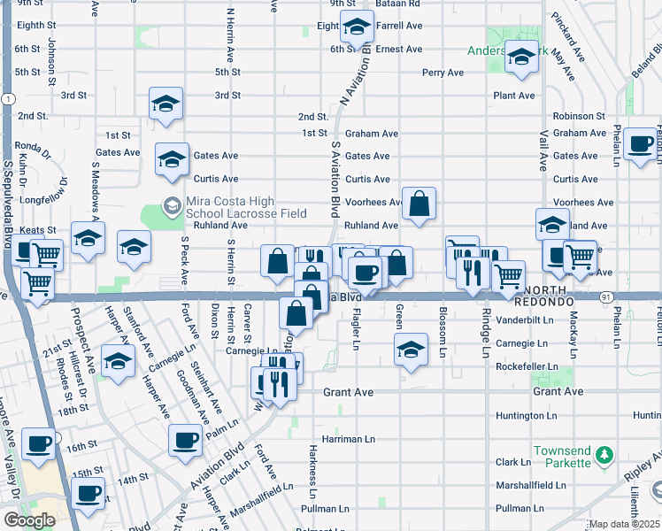 map of restaurants, bars, coffee shops, grocery stores, and more near 2108a Aviation Way in Redondo Beach
