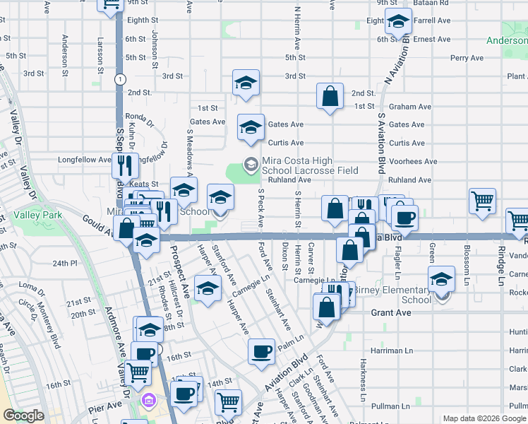 map of restaurants, bars, coffee shops, grocery stores, and more near 1500 Nelson Avenue in Manhattan Beach