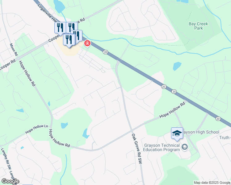map of restaurants, bars, coffee shops, grocery stores, and more near 230 Wild Barley Way in Loganville