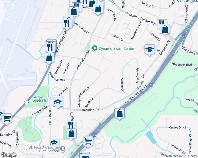 map of restaurants, bars, coffee shops, grocery stores, and more near 2985 Whispering Hills Drive in Chamblee