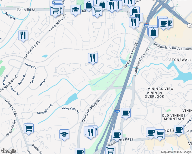 map of restaurants, bars, coffee shops, grocery stores, and more near 1907 Cumberland Court Southeast in Smyrna