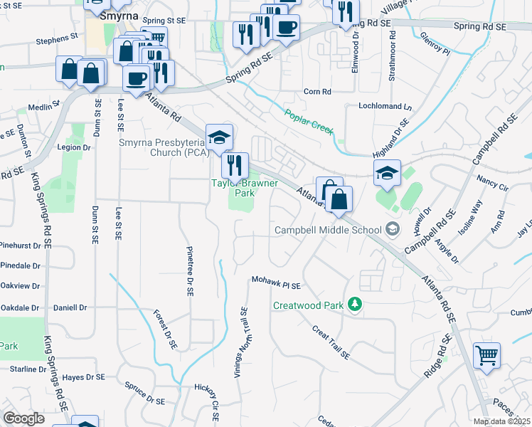 map of restaurants, bars, coffee shops, grocery stores, and more near 3220 Millwood Trail Southeast in Smyrna