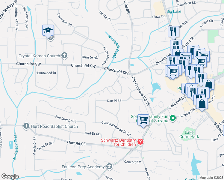 map of restaurants, bars, coffee shops, grocery stores, and more near 291 Trail Pointe Southeast in Smyrna